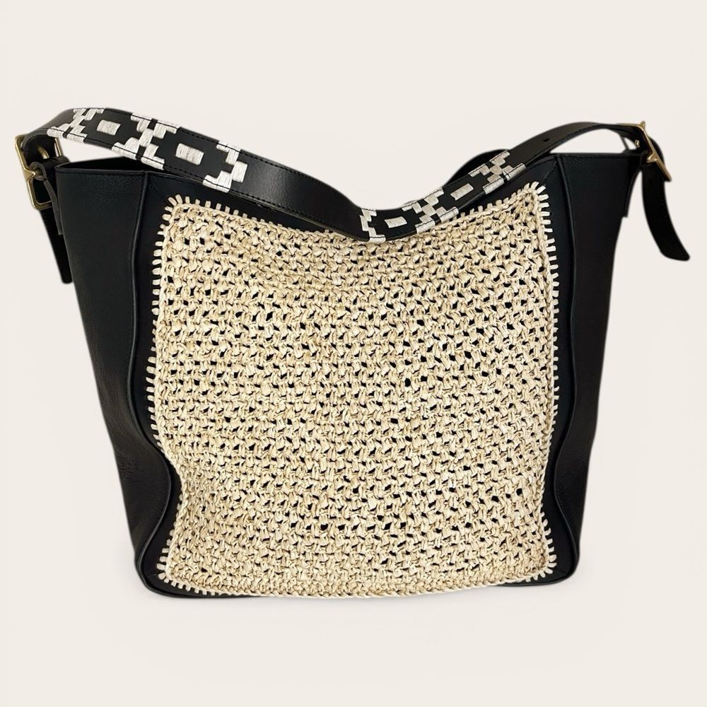 Kempton & Co Cowdray Hobo natural raffia, black leather, boho embroidered strap